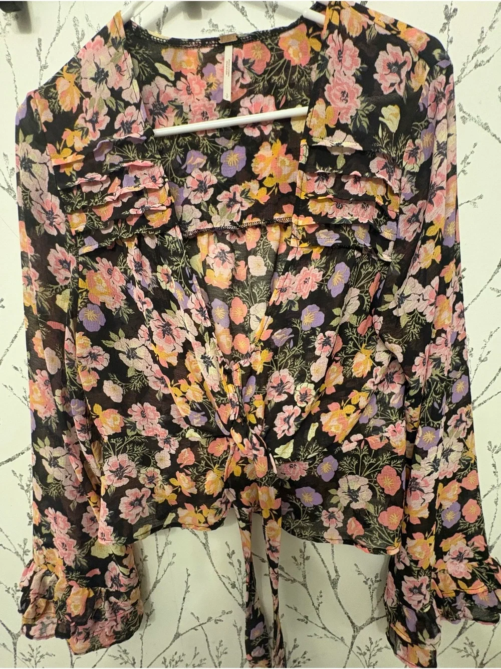 Free People Floral Peplum Top in Black with Pink & Lavender Blooms